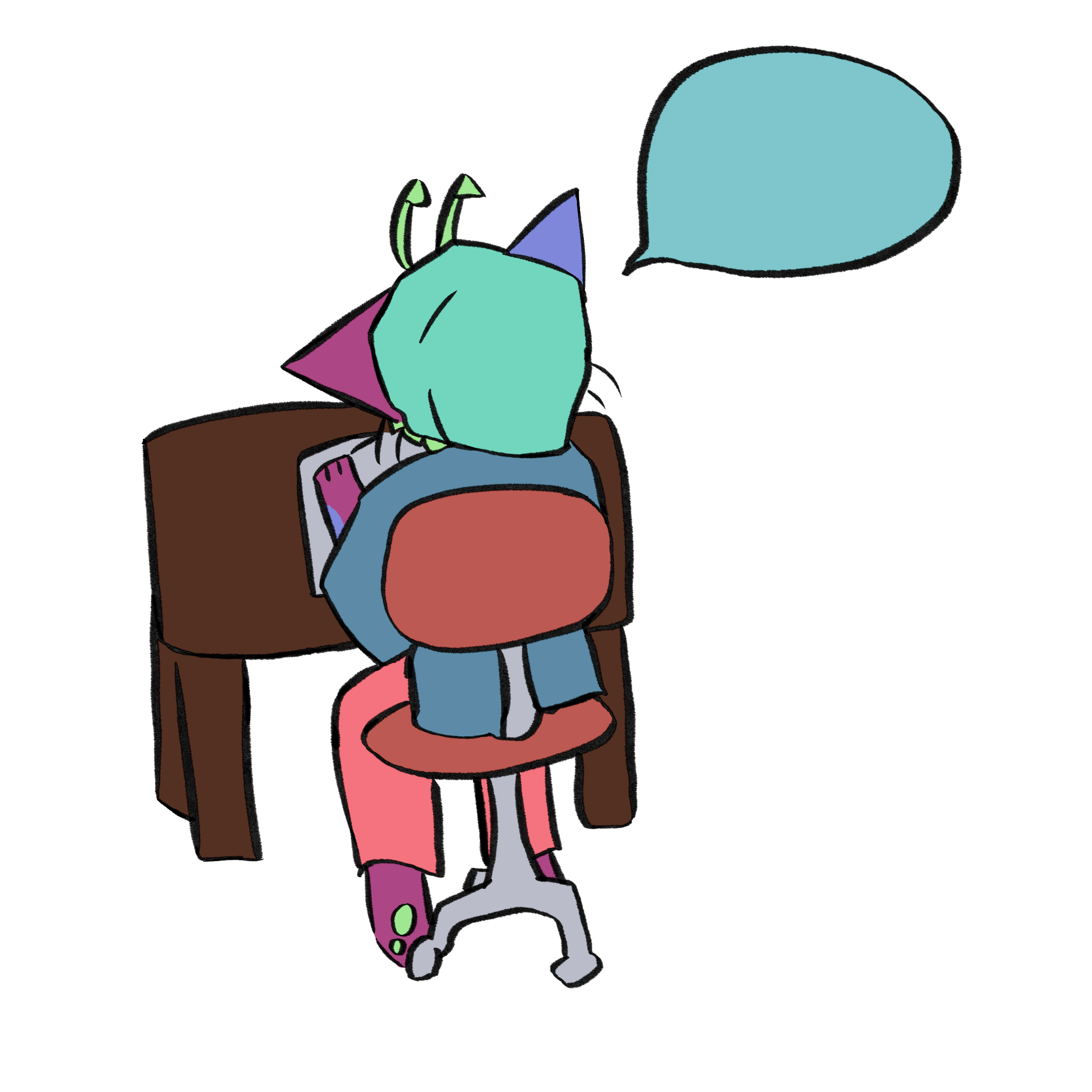 scrimblo the alien cat talking and sitting at her desk